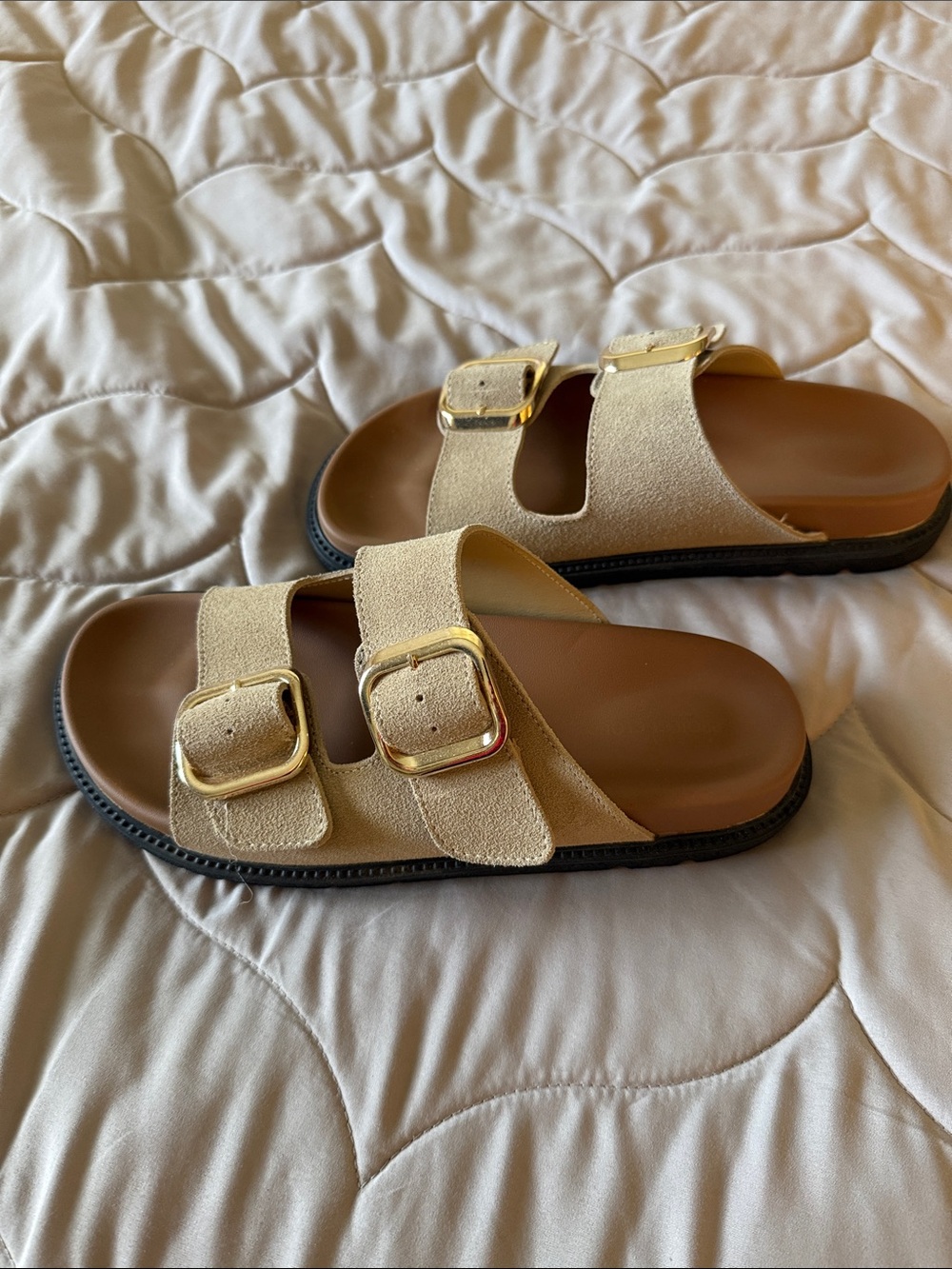 Neutral Suede Double-Buckle Slide Sandals in Taupe with Gold Buckles